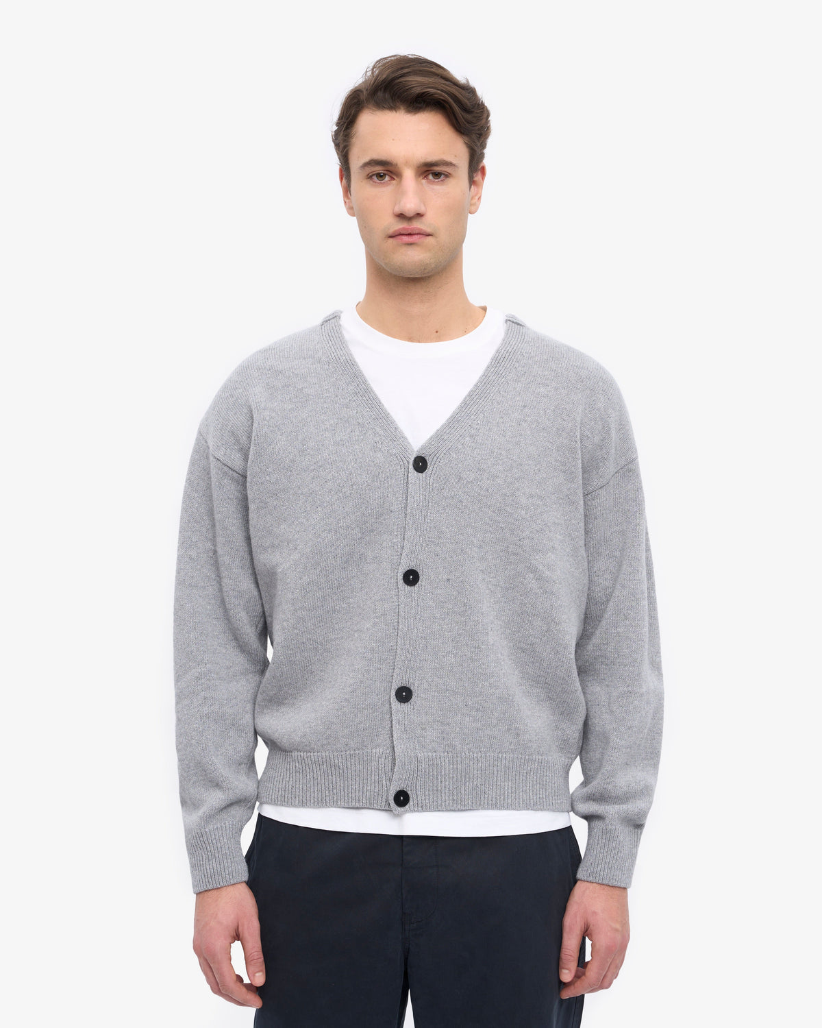 Men's Merino Wool V-Neck Cardigan in Heather Grey – view 2