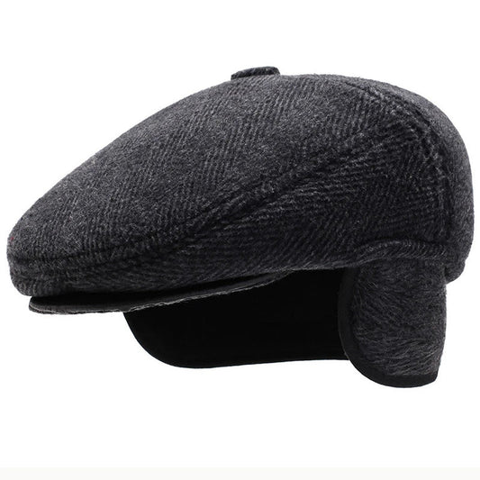 Chapman Men's Winter Wool Flat Cap with Earflaps – Wool Felt and Acrylic, Herringbone, Three Sizes