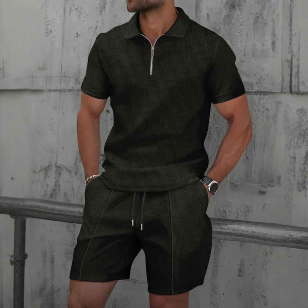 Ibiza Men's Zip Neck Polo & Shorts Co-Ord Set – Short Sleeve Polo Shirt, Soft Knit Drawstring Shorts