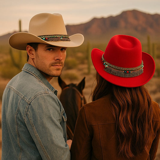 Men's Wool Cowboy Hat with Braided Bead and Coin Band – 7 cm Brim, 10 cm Crown, Adjustable 55–59 cm