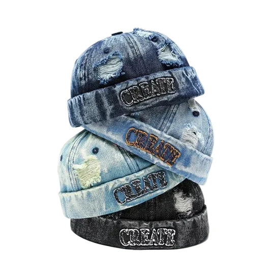 Create Men's Distressed Denim Docker Cap – Organic Cotton Denim, Inner Sweatband, Adjustable Fit