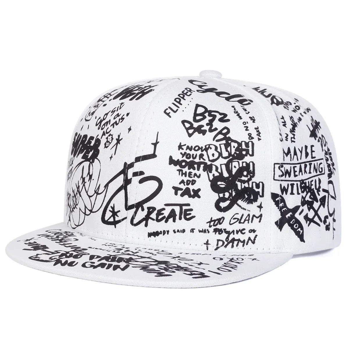 Create Men's Graffiti Print Snapback Baseball Cap – Acrylic, Two Print Designs, Black or White, Adjustable Fit