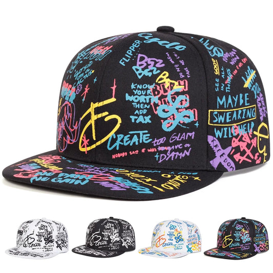 Create Men's Graffiti Print Snapback Baseball Cap – Acrylic, Two Print Designs, Black or White, Adjustable Fit
