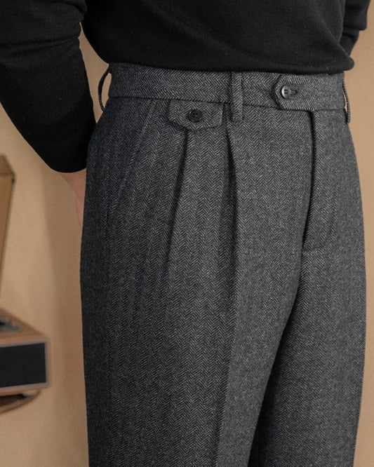 Mayfair Men's Herringbone Wool Trousers – High Waist, Pleated Front with Buttoned Side Adjusters