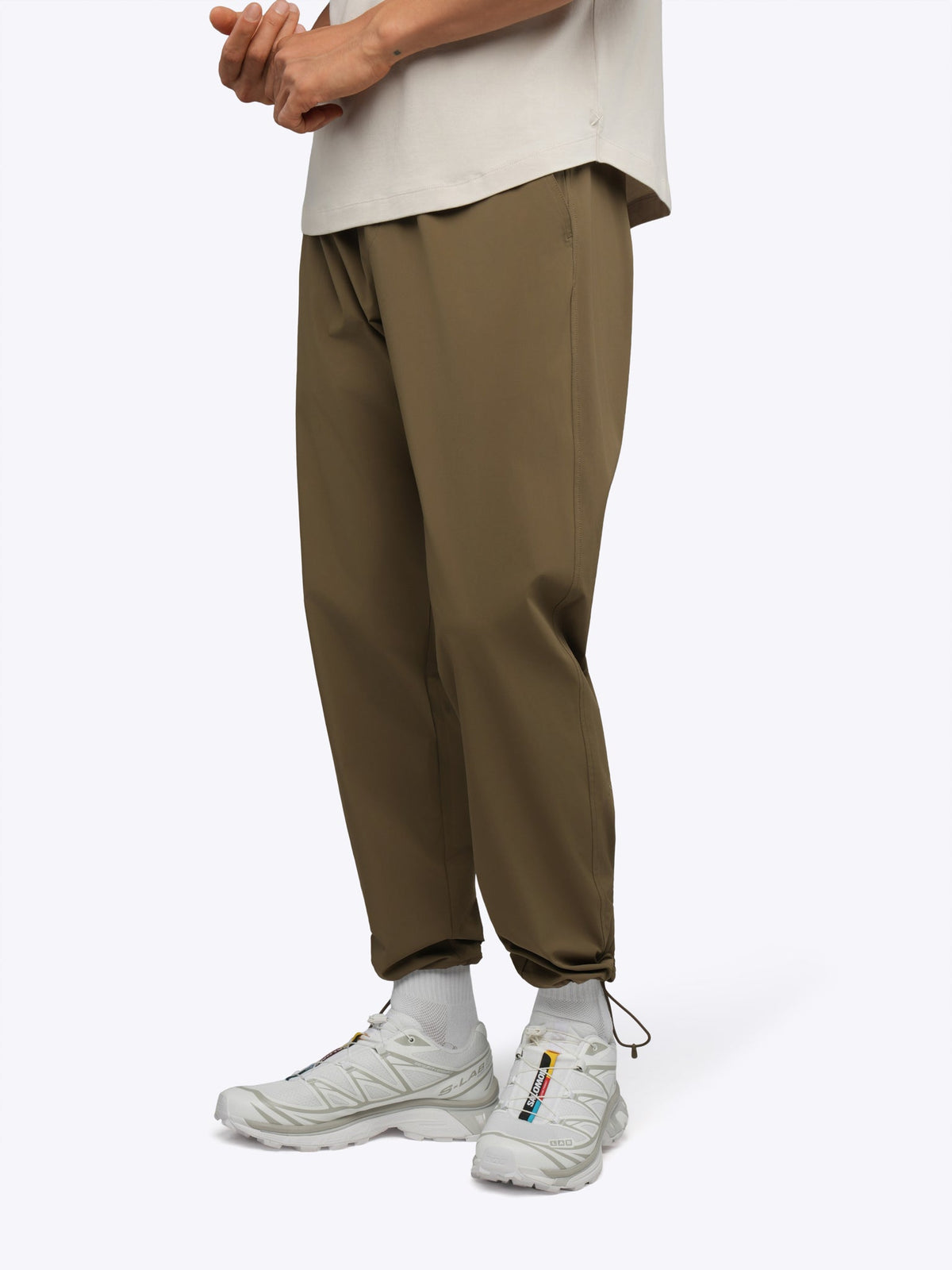 Men's Modern Slim Tech Trousers – Matte 4-Way Stretch Fabric, Hidden Cuff Cinch, Back Zip Pocket | Dark Khaki – view 4