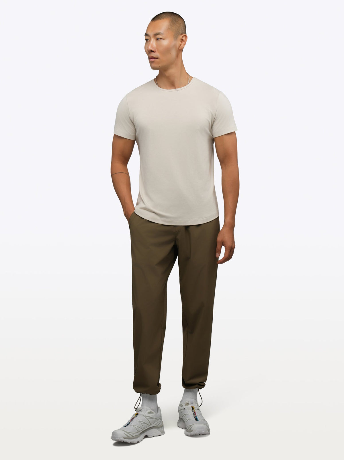 Men's Modern Slim Tech Trousers – Matte 4-Way Stretch Fabric, Hidden Cuff Cinch, Back Zip Pocket | Dark Khaki