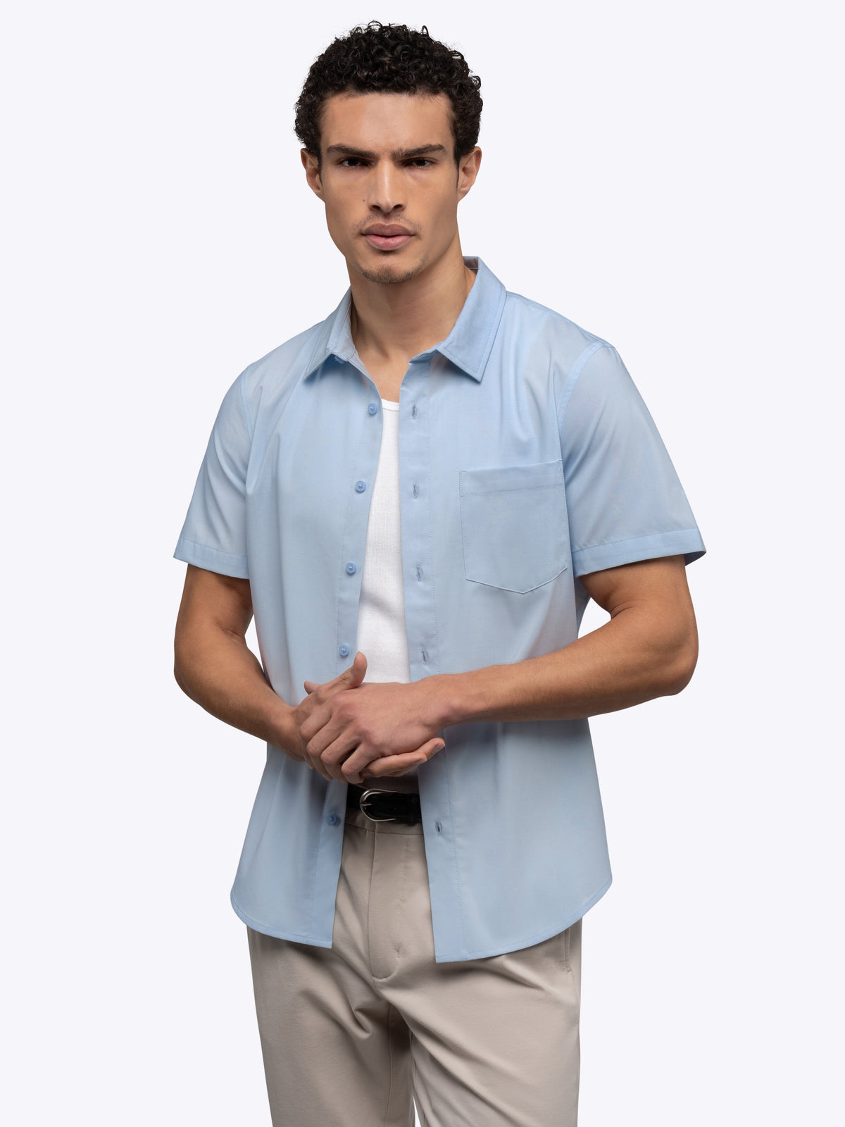 Men's Cotton Poplin Short Sleeve Button-Up Shirt in Oxford Blue – view 3
