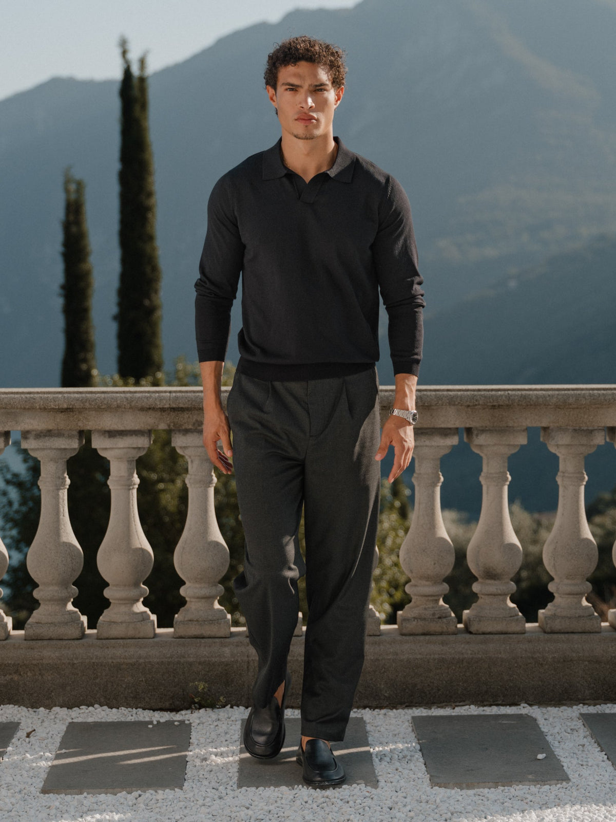 Riviera Men's Knit Long Sleeve Polo in Black – view 3