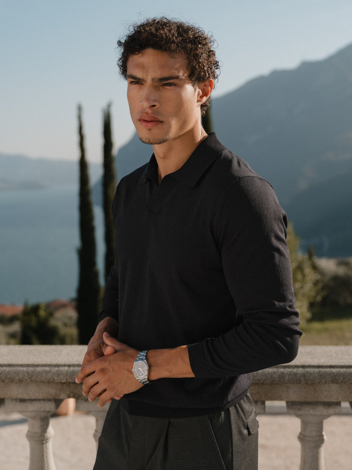 Riviera Men's Knit Long Sleeve Polo in Black – view 2