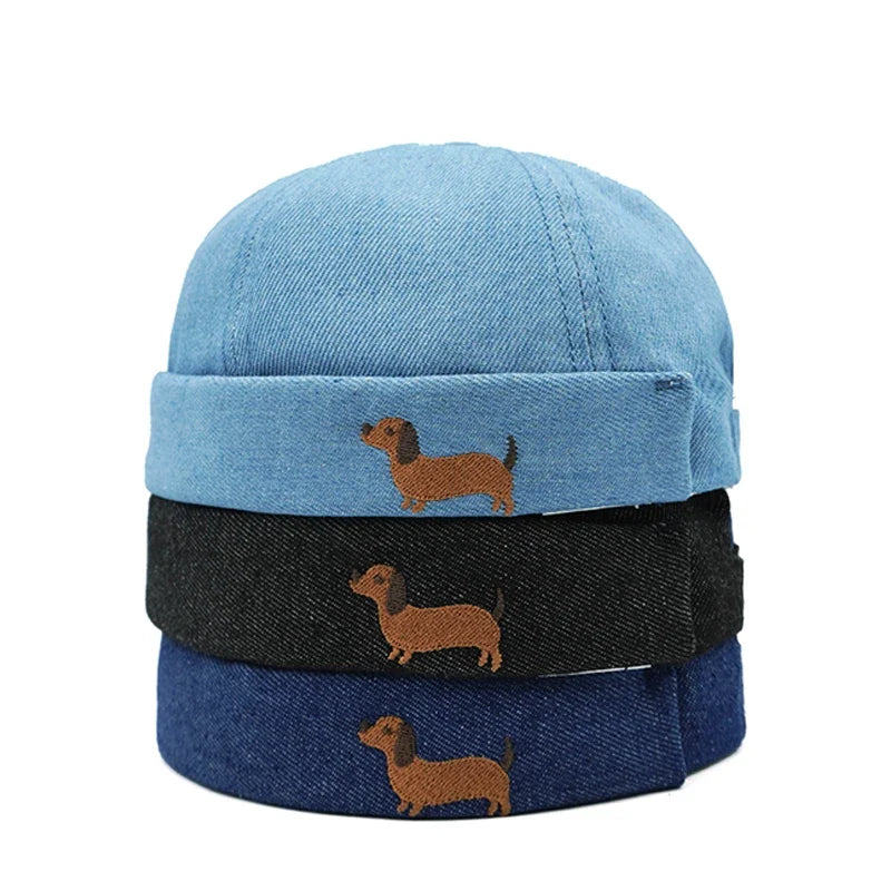 Dachshund Men's Denim Brimless Docker Cap – 100% Cotton Denim, Close Fit, Adjustable Size