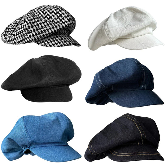 Daladier Men's Linen Blend Beret Newsboy Cap – Linen and Cotton, Striped or Houndstooth, Adjustable Fit