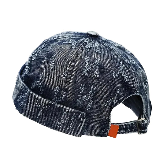 Dalkeith Men's Ripped Denim Docker Cap – Distressed Organic Cotton, 6-Panel Crown, Adjustable Fit