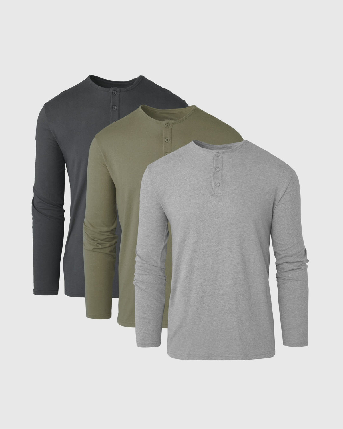 Men's Long Sleeve Henley 3-Pack – Ringspun Cotton Blend, Button Placket | Carbon, Military Green & Heather Grey