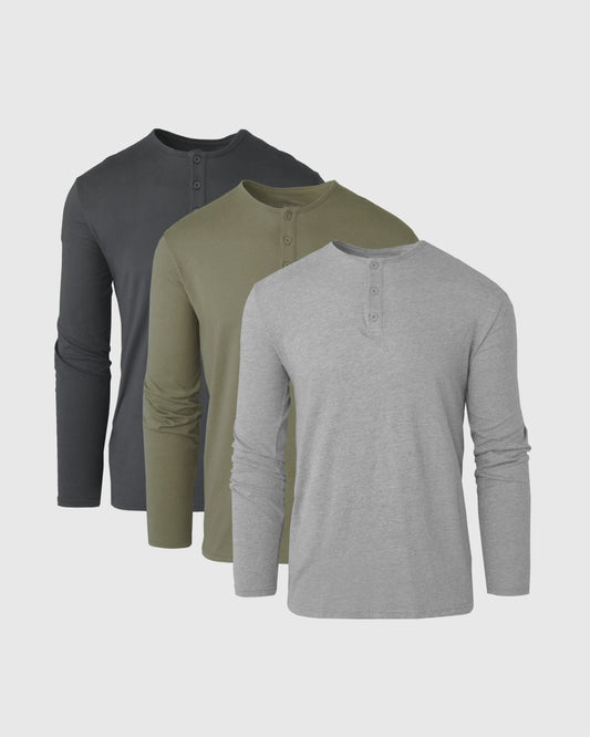 Men's Long Sleeve Henley 3-Pack – Ringspun Cotton Blend, Button Placket | Carbon, Military Green & Heather Grey