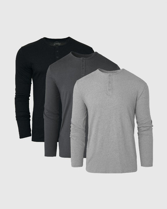 Men's Long Sleeve Henley 3-Pack – Ringspun Cotton Blend, Button Placket | Black, Carbon & Heather Grey