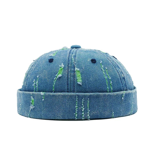 Delaware Men's Distressed Denim Docker Cap – Ripped Organic Cotton Denim, 6-Panel Brimless Crown
