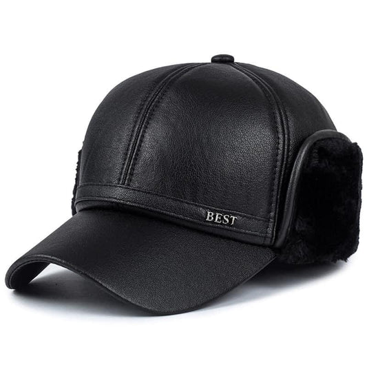Men's Lined Leather Baseball Cap with Earflaps – 60% Leather, Folding Earflaps, Winter Warmth