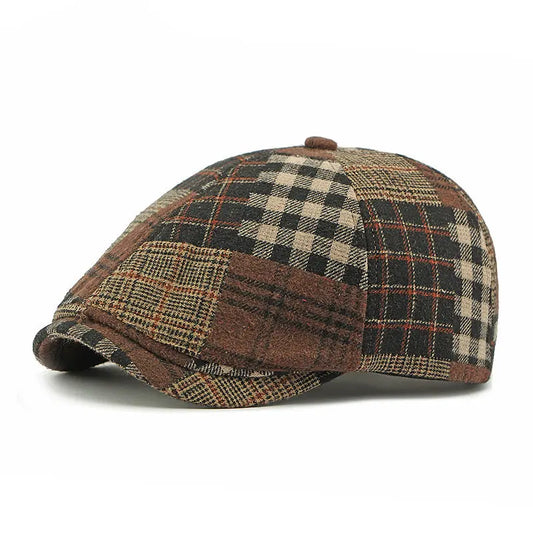Eynon Men's Plaid Patchwork Flat Cap – Cotton and Acrylic, Patchwork Plaid Design, Adjustable 55–60 cm