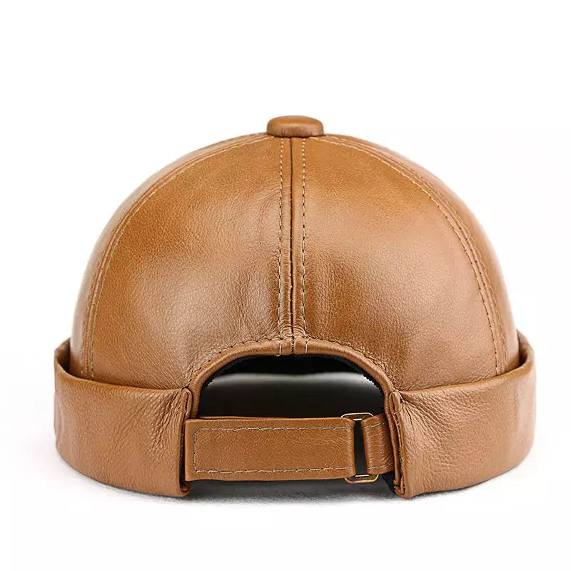 Fairbury Men's Genuine Leather Docker Cap – Cowhide Leather, Brimless Shape, Two Adjustable Sizes – Khaki – view 1