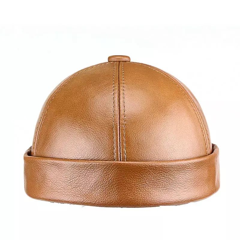 Fairbury Men's Genuine Leather Docker Cap – Cowhide Leather, Brimless Shape, Two Adjustable Sizes