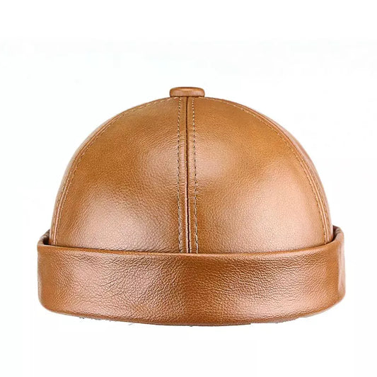 Fairbury Men's Genuine Leather Docker Cap – Cowhide Leather, Brimless Shape, Two Adjustable Sizes