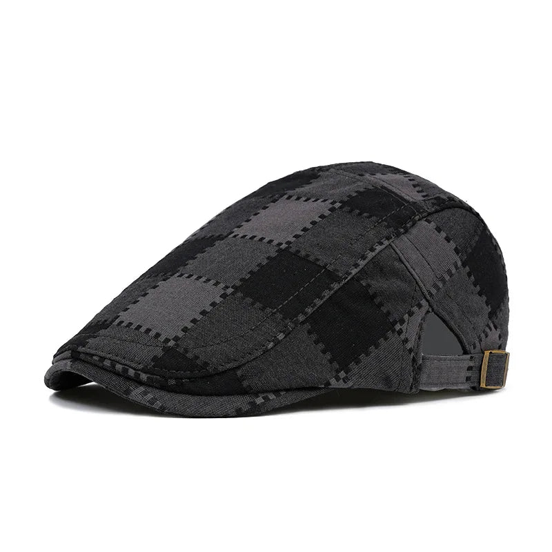 Falkland Men's Retro Plaid Flat Cap – Cotton and Acrylic, Embroidered Details, Adjustable 55–61 cm Fit – Black – view 1