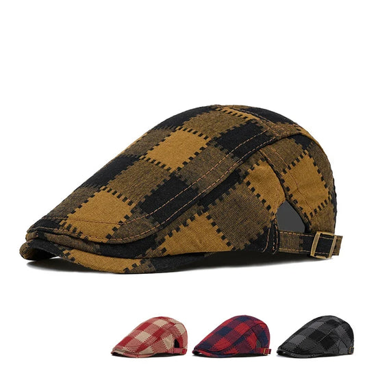 Falkland Men's Retro Plaid Flat Cap – Cotton and Acrylic, Embroidered Details, Adjustable 55–61 cm Fit