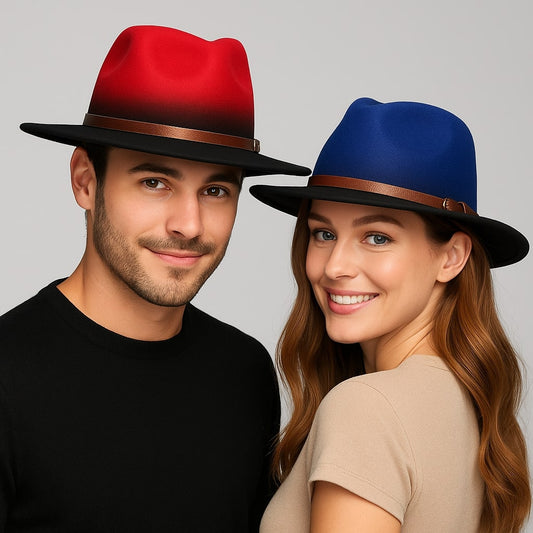 Men's Gradient Fedora Hat with Gold-Tone Belt – 65% Cotton, 35% Polyester, 7 cm Wide Brim, 55–59 cm
