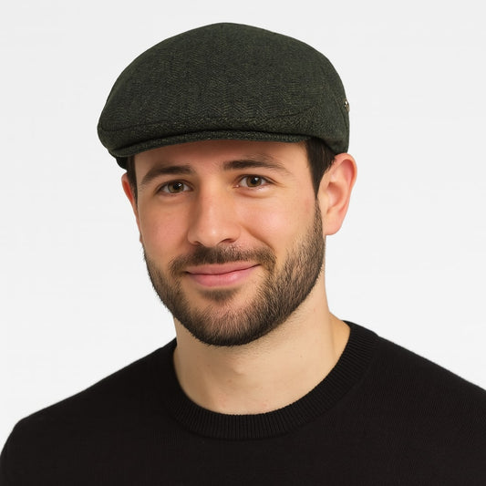 Men's Wool Blend Herringbone Flat Cap – Vintage Textured Pattern, Soft Inner Lining with Fitted Back