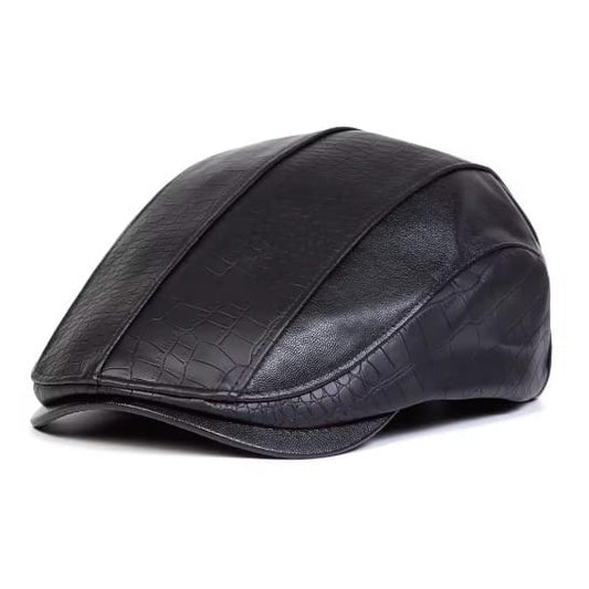Men's Leather Newsboy Flat Cap – Smooth Leather with Croc-Textured Panel, Retro British Silhouette