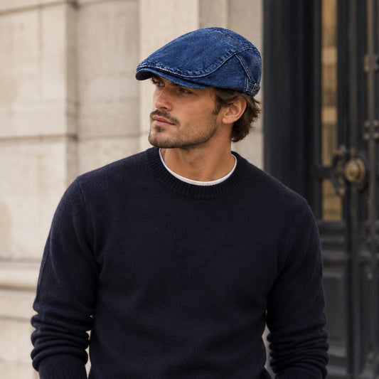 Men's Washed Cotton Denim Flat Cap – Worn-In Character, Lightweight Breathable Fit for All Seasons