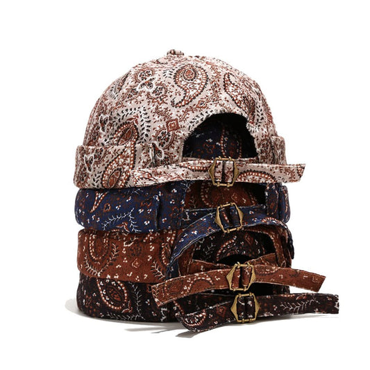 Floral Cashew Men's Paisley Cotton Docker Cap – Brimless Rolled Cuff, All-Over Print, Adjustable Fit