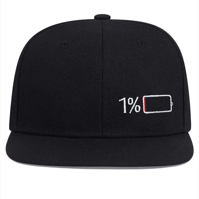 Full-Empty Battery Men's Acrylic Snapback Baseball Cap – 100% or 1% Battery Design, Adjustable 55–60 cm | Black