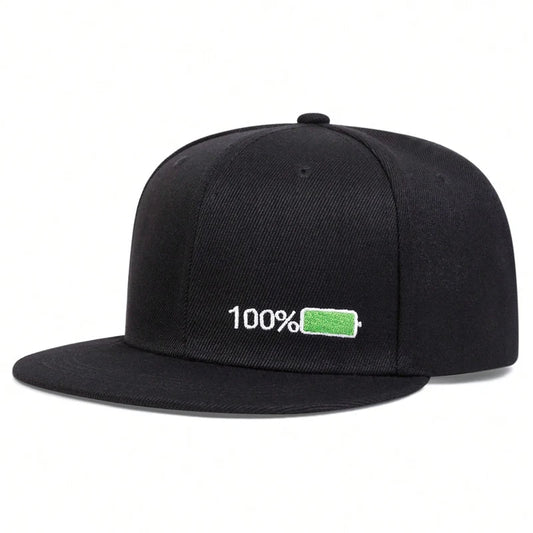 Full-Empty Battery Men's Acrylic Snapback Baseball Cap – 100% or 1% Battery Design, Adjustable 55–60 cm | Black