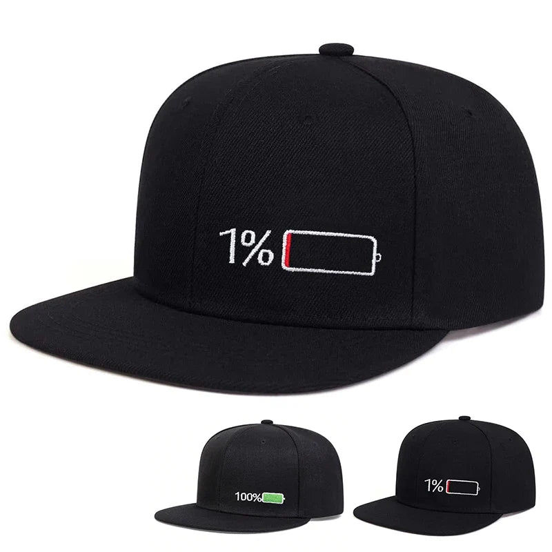 Full-Empty Battery Men's Acrylic Snapback Baseball Cap – 100% or 1% Battery Design, Adjustable 55–60 cm | Black