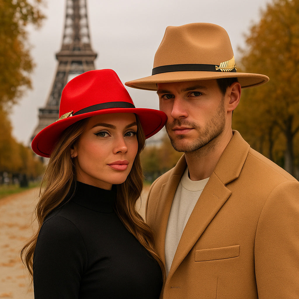 Men's Wool Blend Fedora Hat with Gold-Tone Leaf Accent – Sleek Crown, Lightweight, Adjustable 56–60 cm