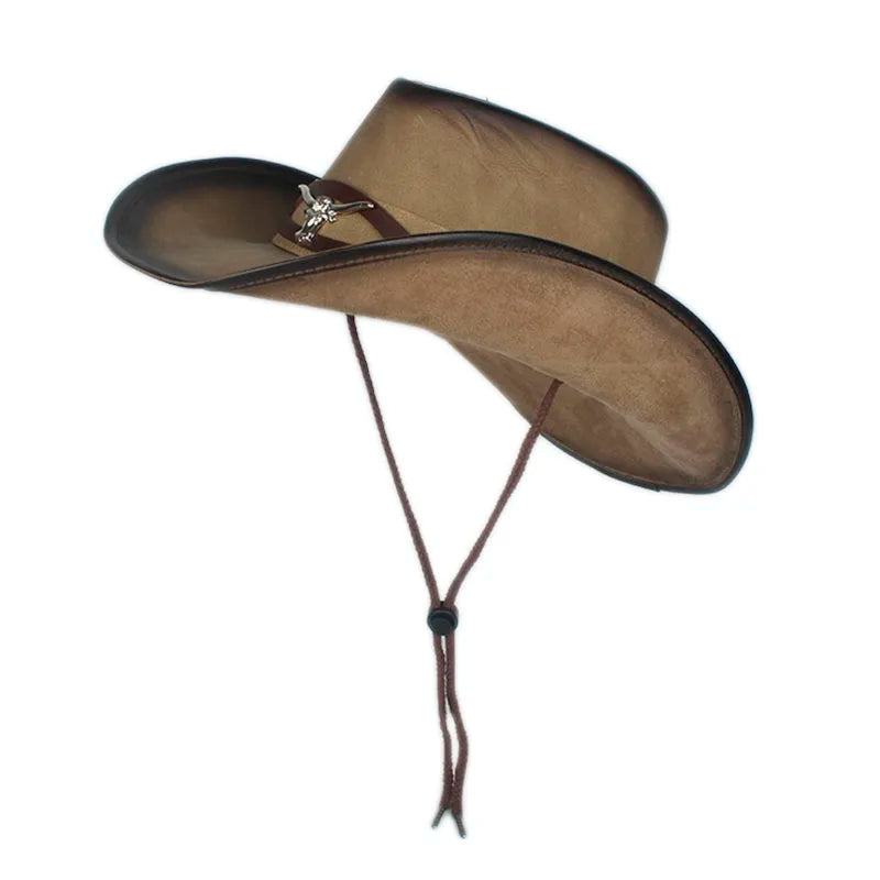 Men's Suede-Finish Cowboy Hat with Bull Head Ornament – 9 cm Curved Brim, Chin Strap, Adjustable | Brown – view 5