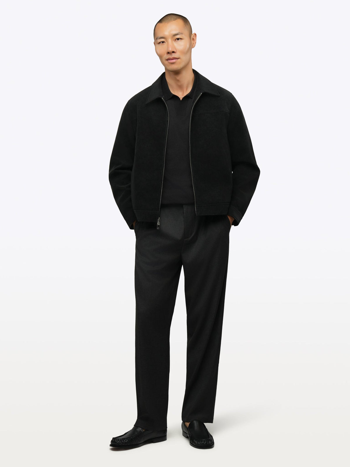 Men's Pleated Relaxed Wide-Leg Trousers – Soft Stretch Woven Fabric, Elevated Drape | Heather Charcoal – view 3