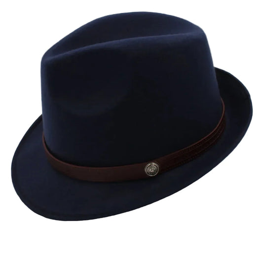 Men's Wool Blend Trilby Hat – Short Brim with Slim Band and Decorative Metal Button, Lightweight Structured Crown