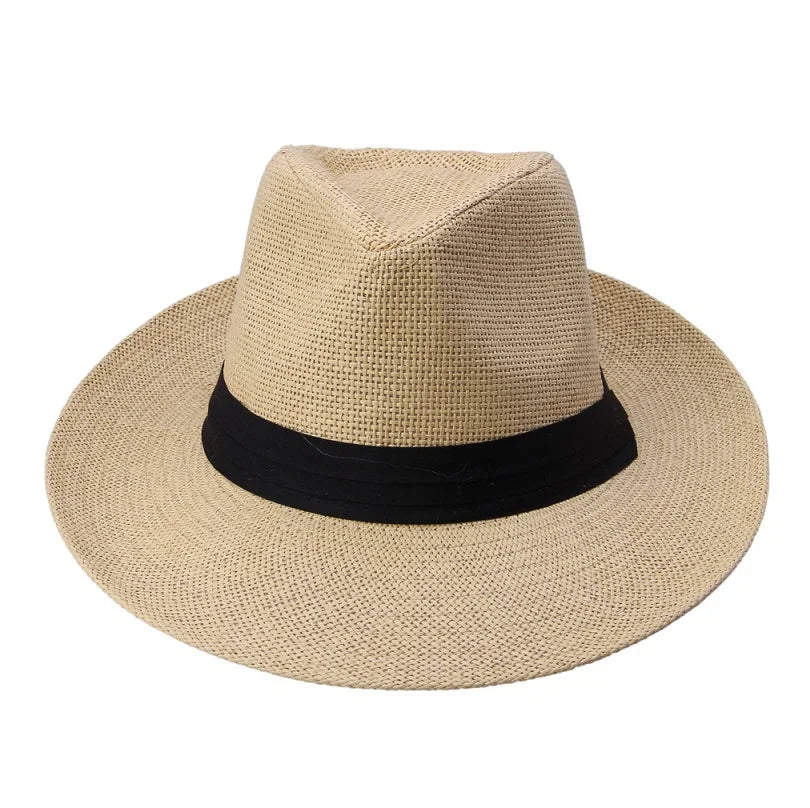 Men's Natural Straw Panama Fedora Hat – Pinched Crown, Black Ribbon Band, Lightweight, Adjustable Fit