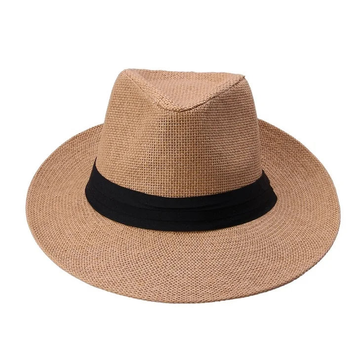Men's Natural Straw Panama Fedora Hat – Pinched Crown, Black Ribbon Band, Lightweight, Adjustable Fit