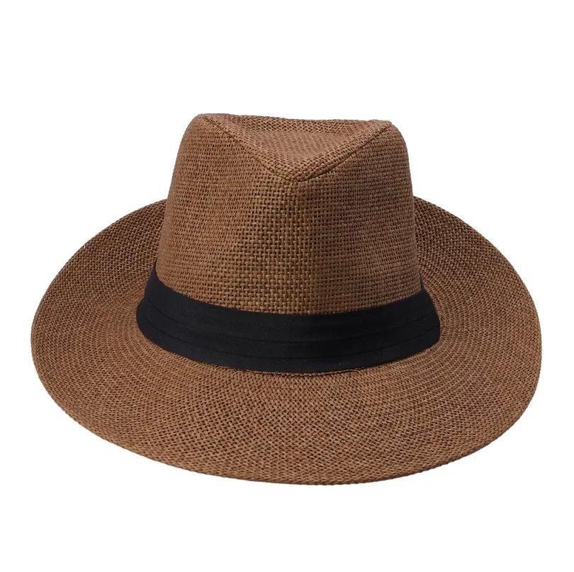 Men's Natural Straw Panama Fedora Hat – Pinched Crown, Black Ribbon Band, Lightweight, Adjustable Fit