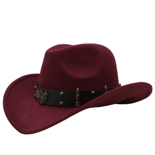 Men's Felt Cowboy Hat with Eagle Emblem Band – Metal Details, 7 cm Brim, 11 cm Crown, Two Sizes