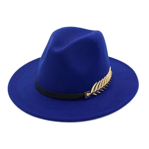 Men's Wool Blend Fedora Hat with Gold-Tone Leaf Accent – Sleek Crown, Lightweight, Adjustable 56–60 cm