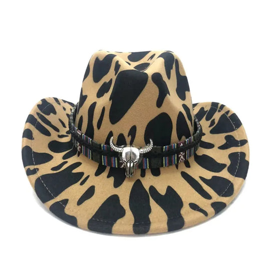 Men's Cow Print Cowboy Hat with Bull Badge – Cotton and Polyester Blend, 7 cm Brim, 12 cm Crown, 55–59 cm