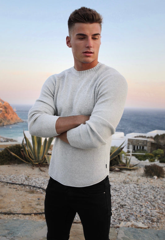 Olton Men's Brushed Knit Crew Neck Jumper in Marl White – view 2