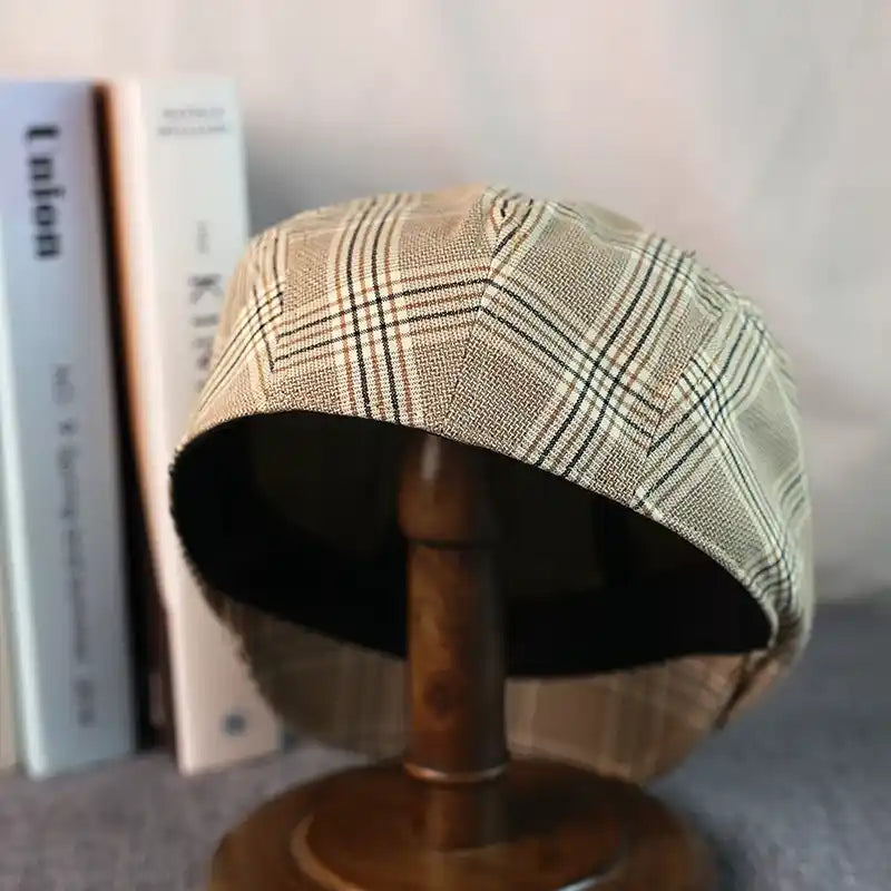Idaho Men's Tartan Linen Blend Flat Cap – Linen and Cotton, Four Sizes from 54 to 62 cm | Beige