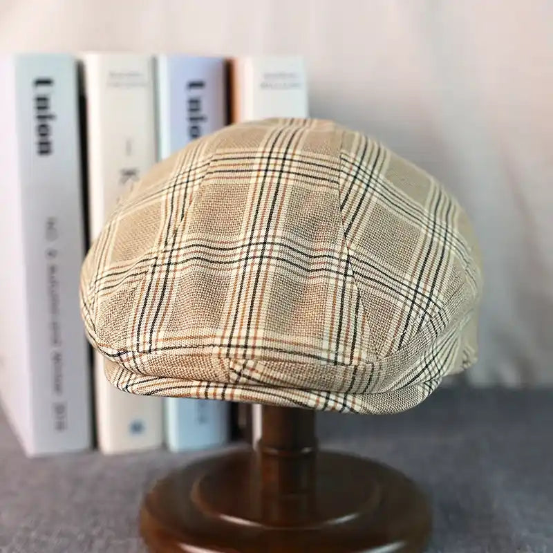Idaho Men's Tartan Linen Blend Flat Cap – Linen and Cotton, Four Sizes from 54 to 62 cm | Beige