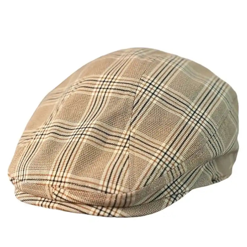 Idaho Men's Tartan Linen Blend Flat Cap – Linen and Cotton, Four Sizes from 54 to 62 cm | Beige