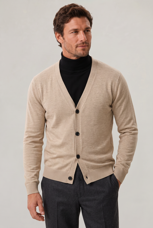 Men's Fine Knit V-Neck Cardigan – Full Button Front, Slight Stretch, Ribbed Cuffs and Hem, Loose Fit